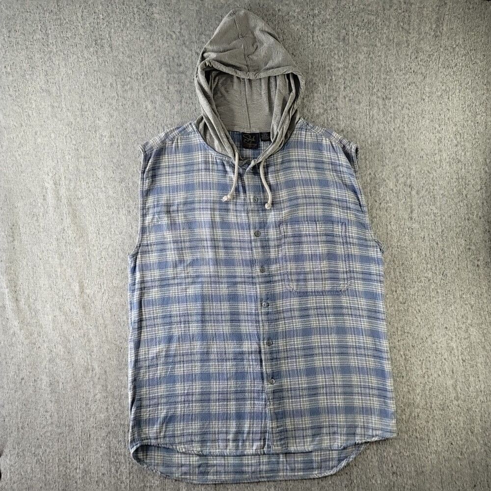 Vintage Shah Safari Mens L Sleeveless Plaid Hooded Shirt Vest Metal Buttons